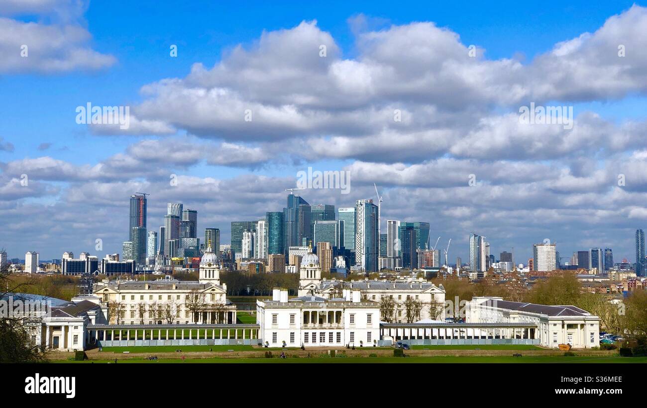Vista panoramica di Greenwich e del quartiere finanziario di Londra, Londra, Inghilterra Foto Stock
