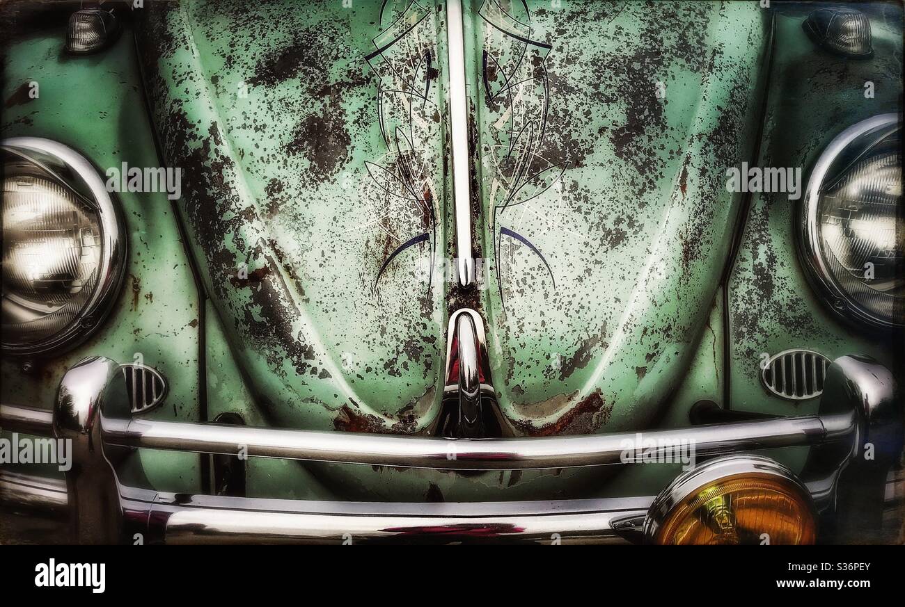 Cofano e fari vintage VW Beetle color verde chiaro Foto Stock