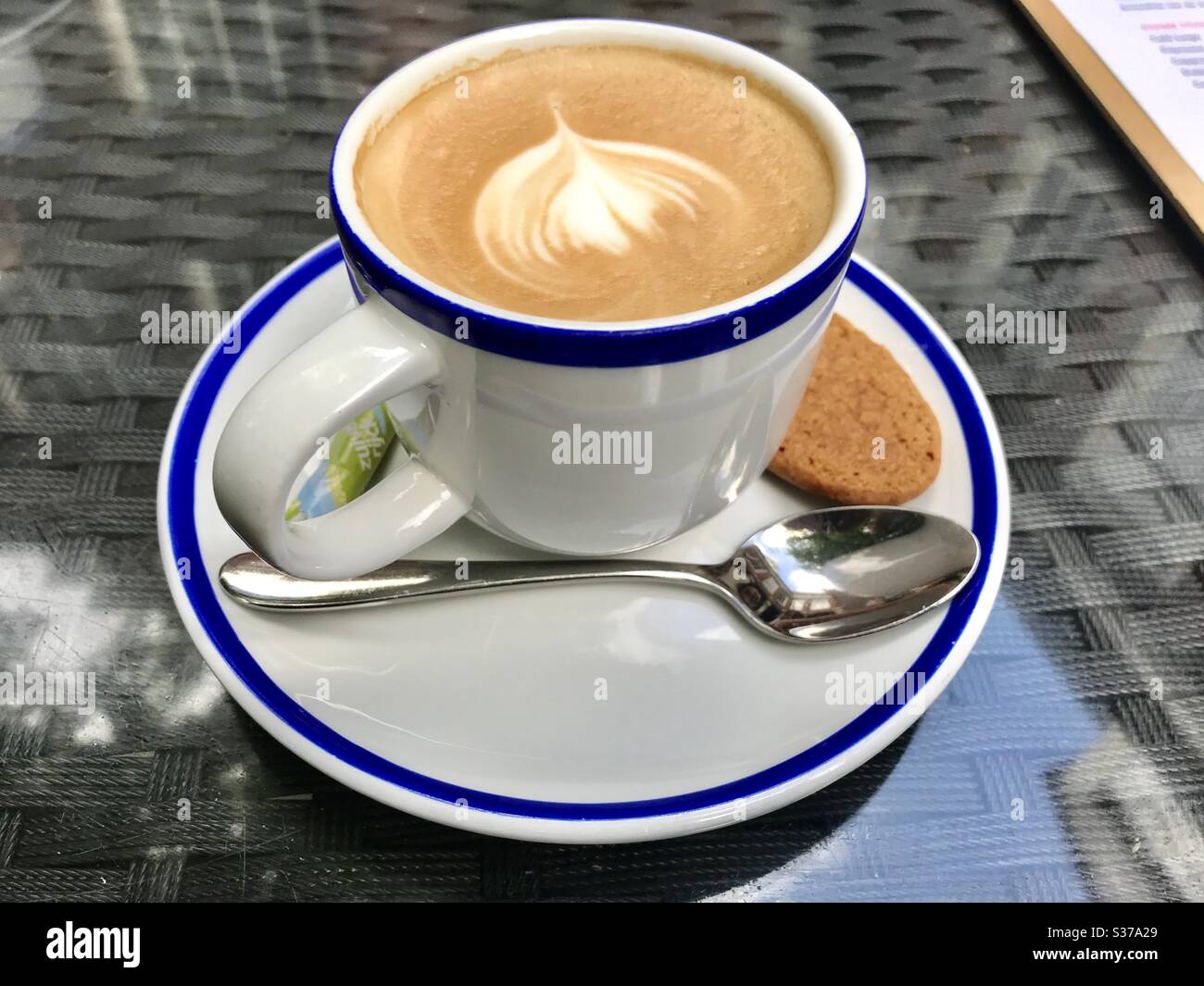 Tazza di latte con schiuma di fiori e un biscotto Foto Stock