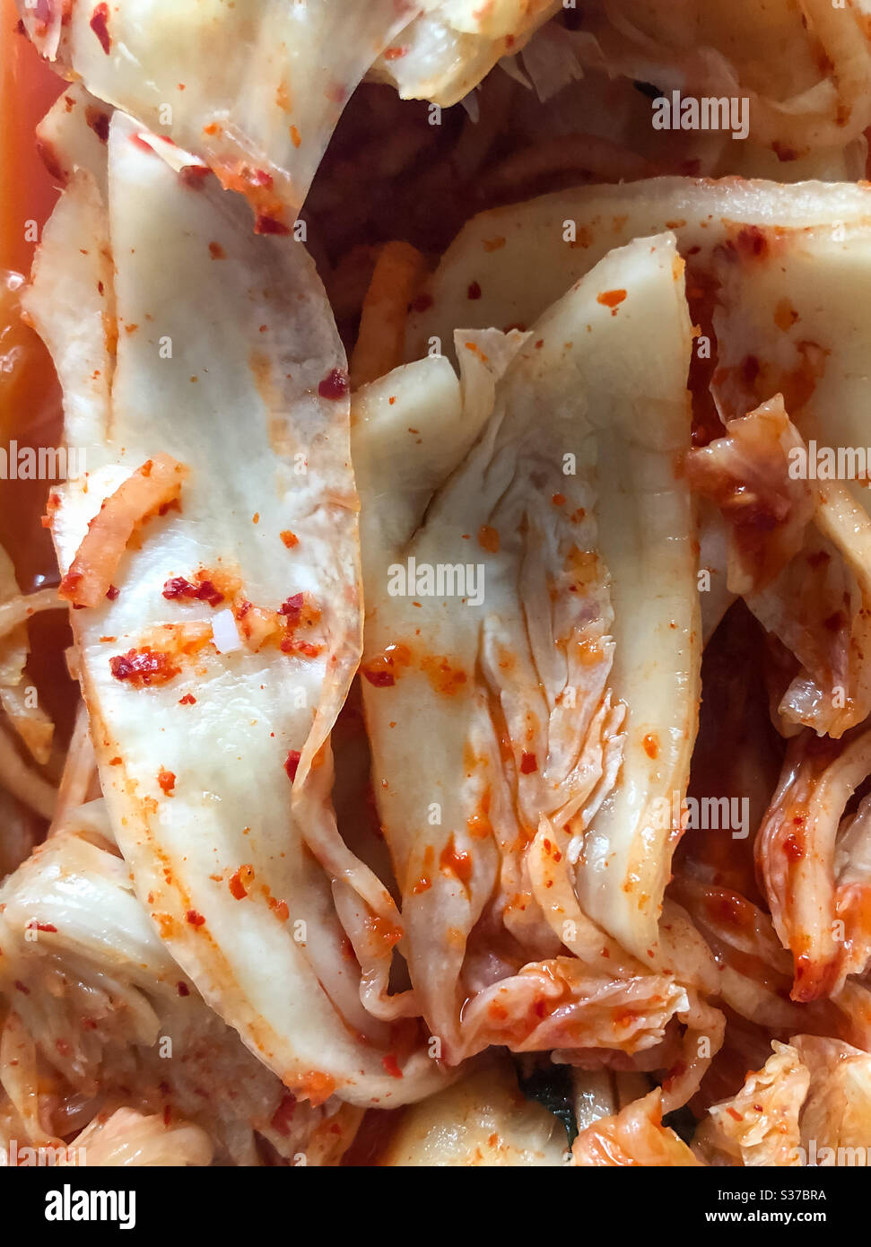 Kimchi - cavolo bianco fermentato con polvere di peperoncino, un piatto tipico della cucina coreana. - Immagine stock catturata con smartphone