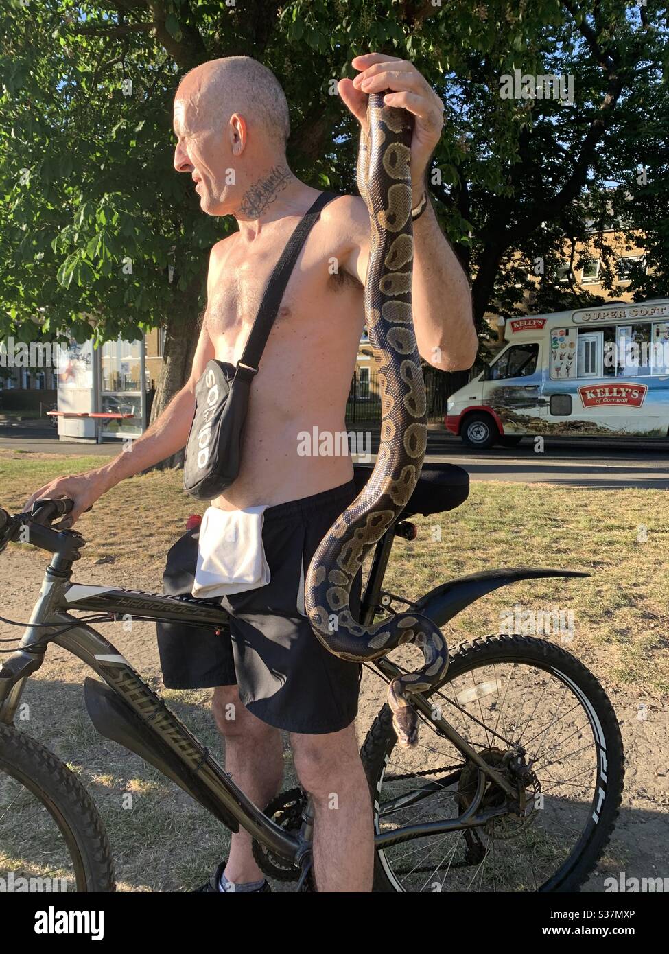 Uomo in bicicletta con pitone nel parco di Peckham - Immagine stock catturata con smartphone