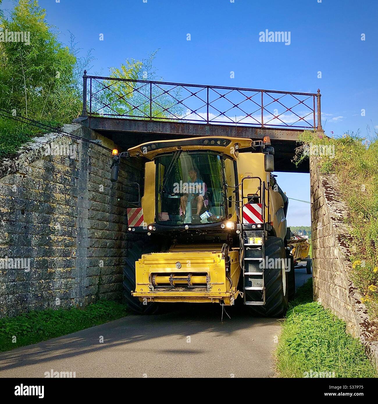New Holland mietitrebbia spremitura sotto un ponte ferroviario basso - sud-Touraine, Francia. Foto Stock