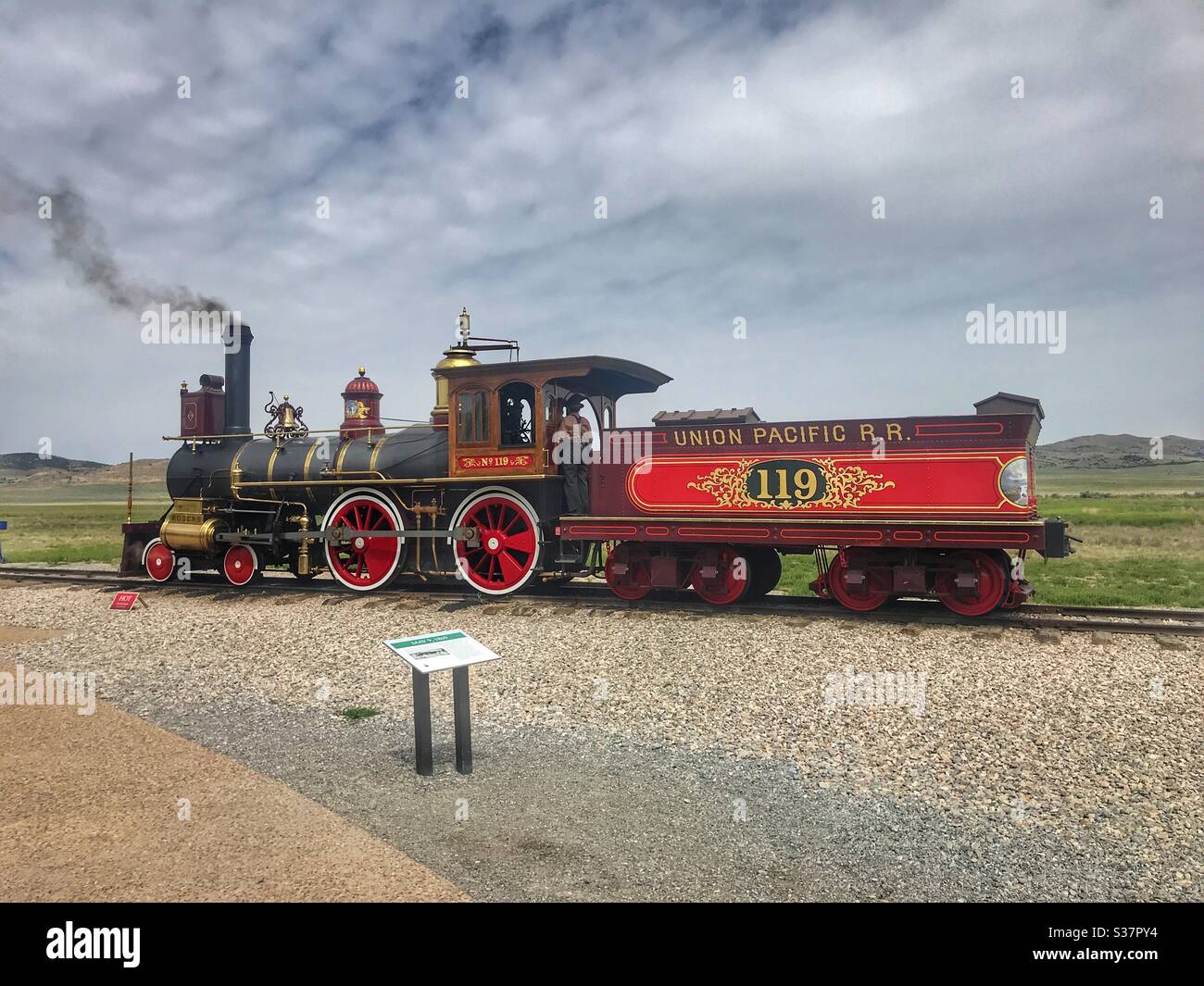 I motori del treno a vapore al Golden Spike, National Historic Monument, promontory Summit, Utah Foto Stock