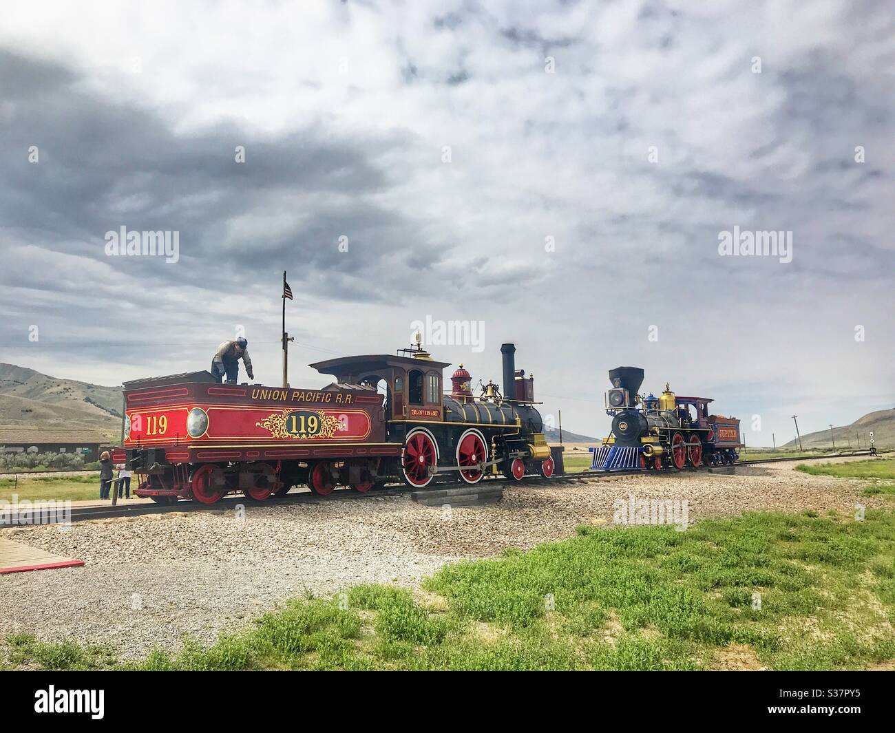 I motori del treno a vapore al Golden Spike, National Historic Monument, promontory Summit, Utah Foto Stock