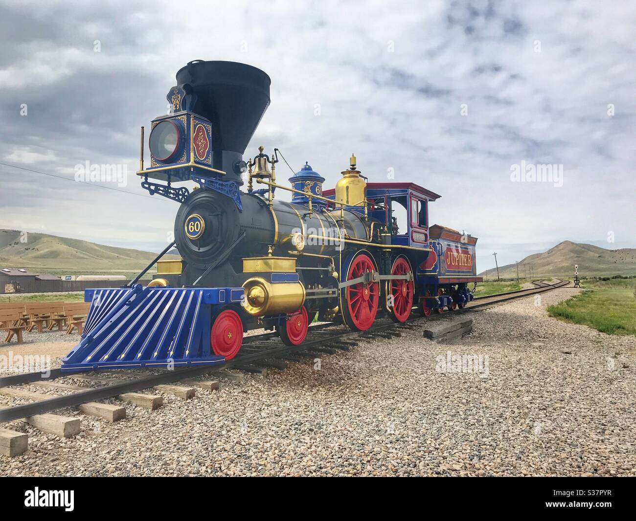 I motori del treno a vapore al Golden Spike, National Historic Monument, promontory Summit, Utah Foto Stock