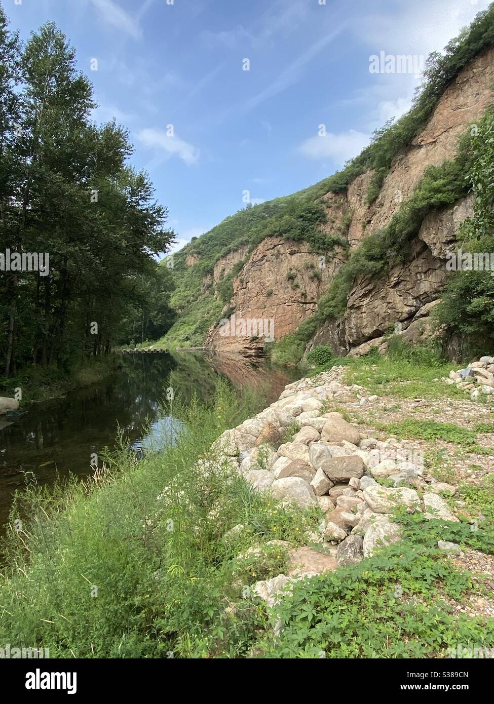 Fiume cinese e paesaggio di scogliera, che mostra cielo blu, alberi frondosi, rive rocciose, scogliere e un flusso regolare. Foto Stock