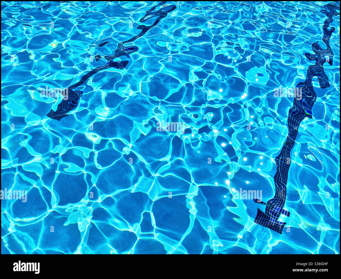 Acqua e riflessi interessanti in una piscina all'aperto. È ora d'estate, il sole splende ed è tempo di nuotare! Credito fotografico - ©️ COLIN HOSKINS. - Immagine stock catturata con smartphone