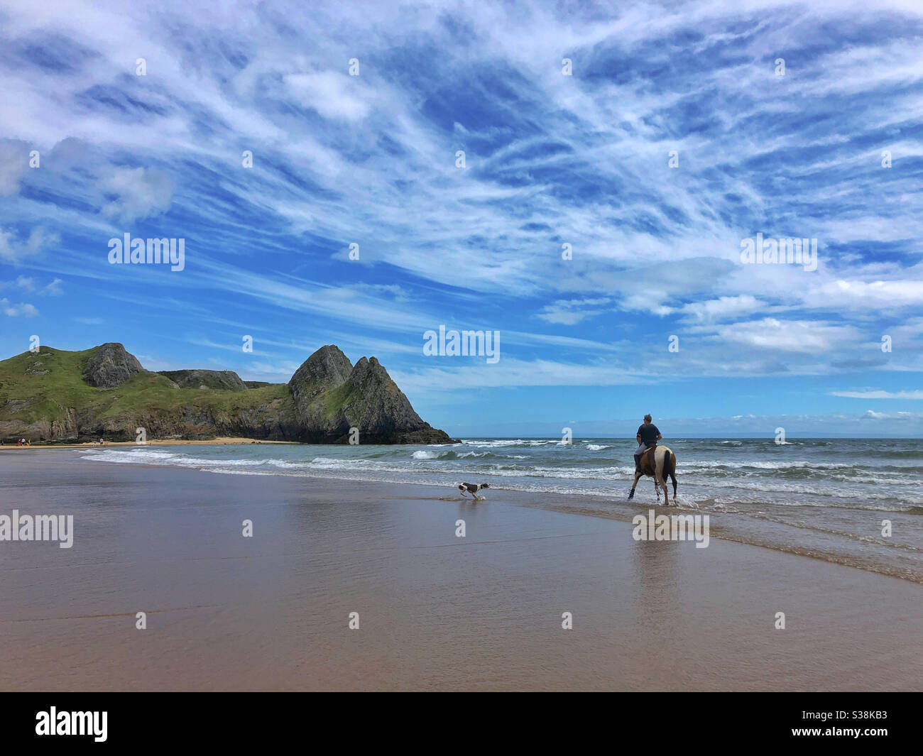 Lone Horseman e il suo cane in mare a Three Cliffs Bay, Gower, Swansea, Galles, agosto. Foto Stock