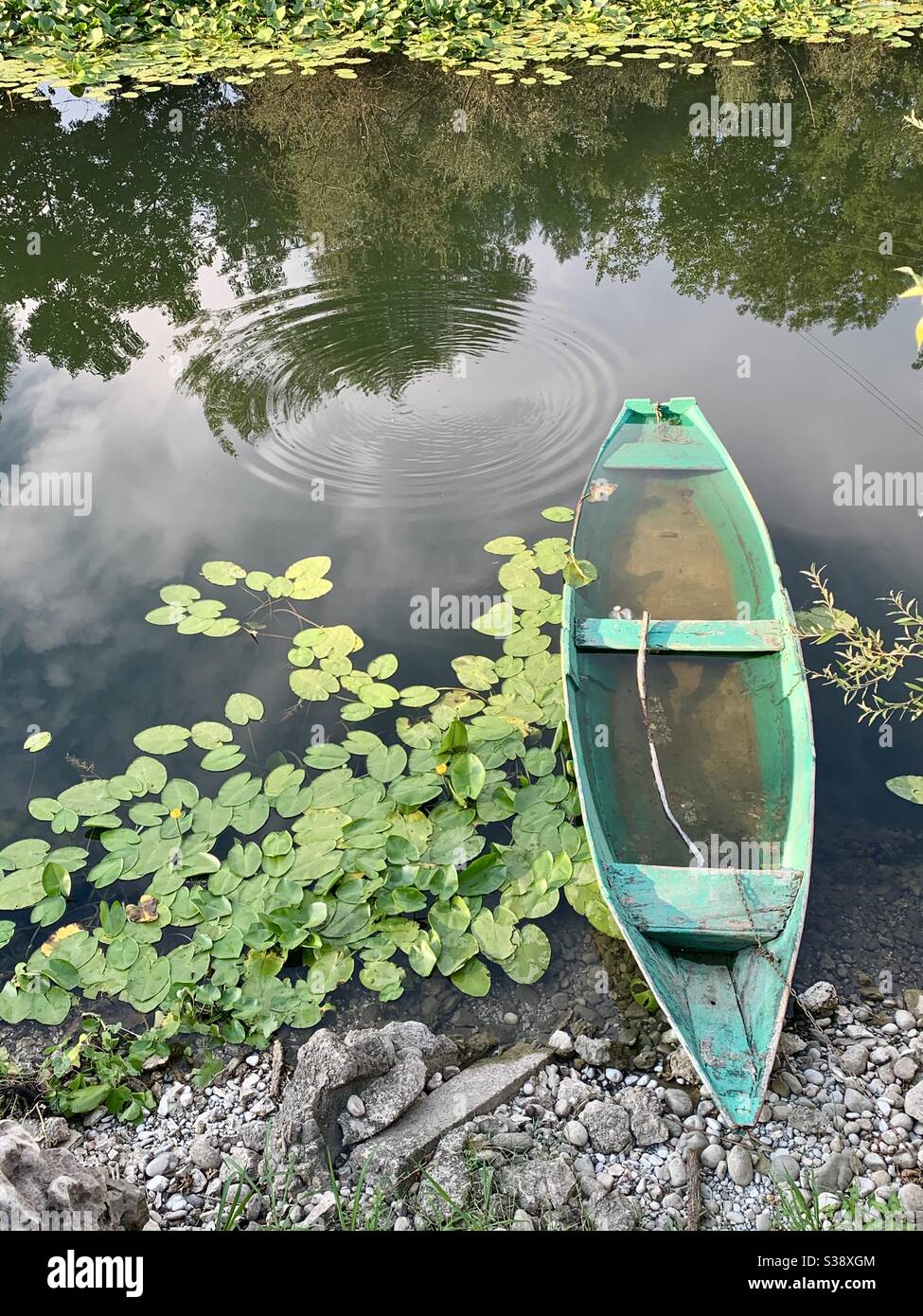 Rotta allagata barca verde sul fiume con ninfee Foto Stock