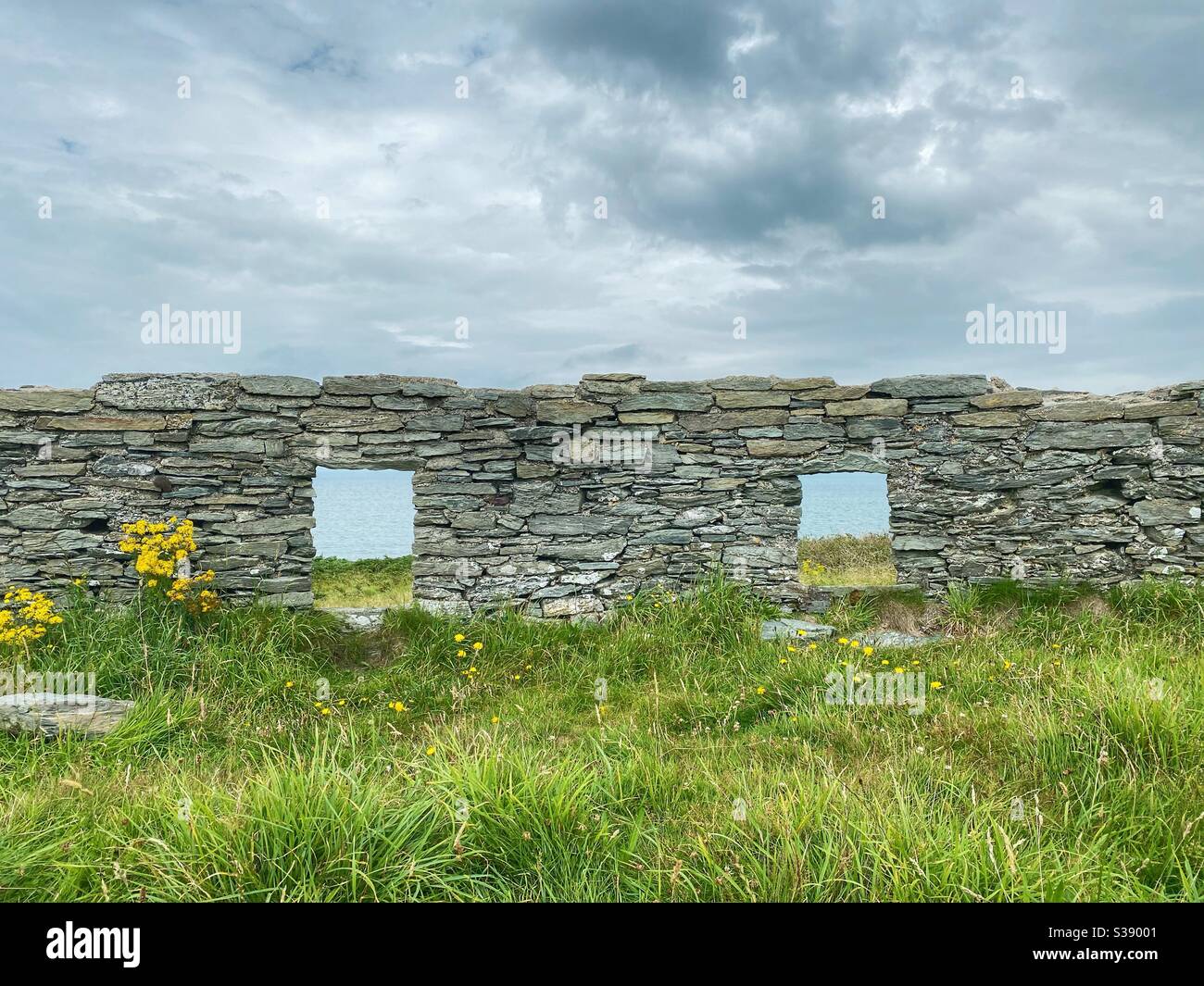 Un muro delle rovine della batteria navale a Penrhos Coastal Park, Holyhead, Anglesey, Galles del Nord, Regno Unito Foto Stock
