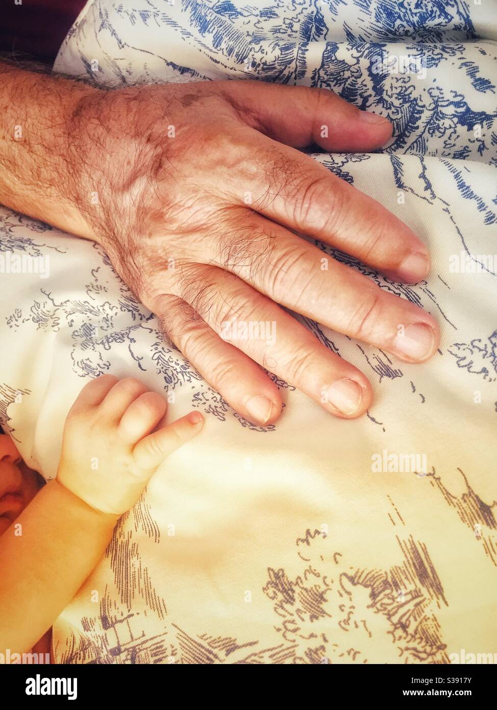 La mano grande dell’uomo accanto alla mano del neonato più piccolo Foto Stock