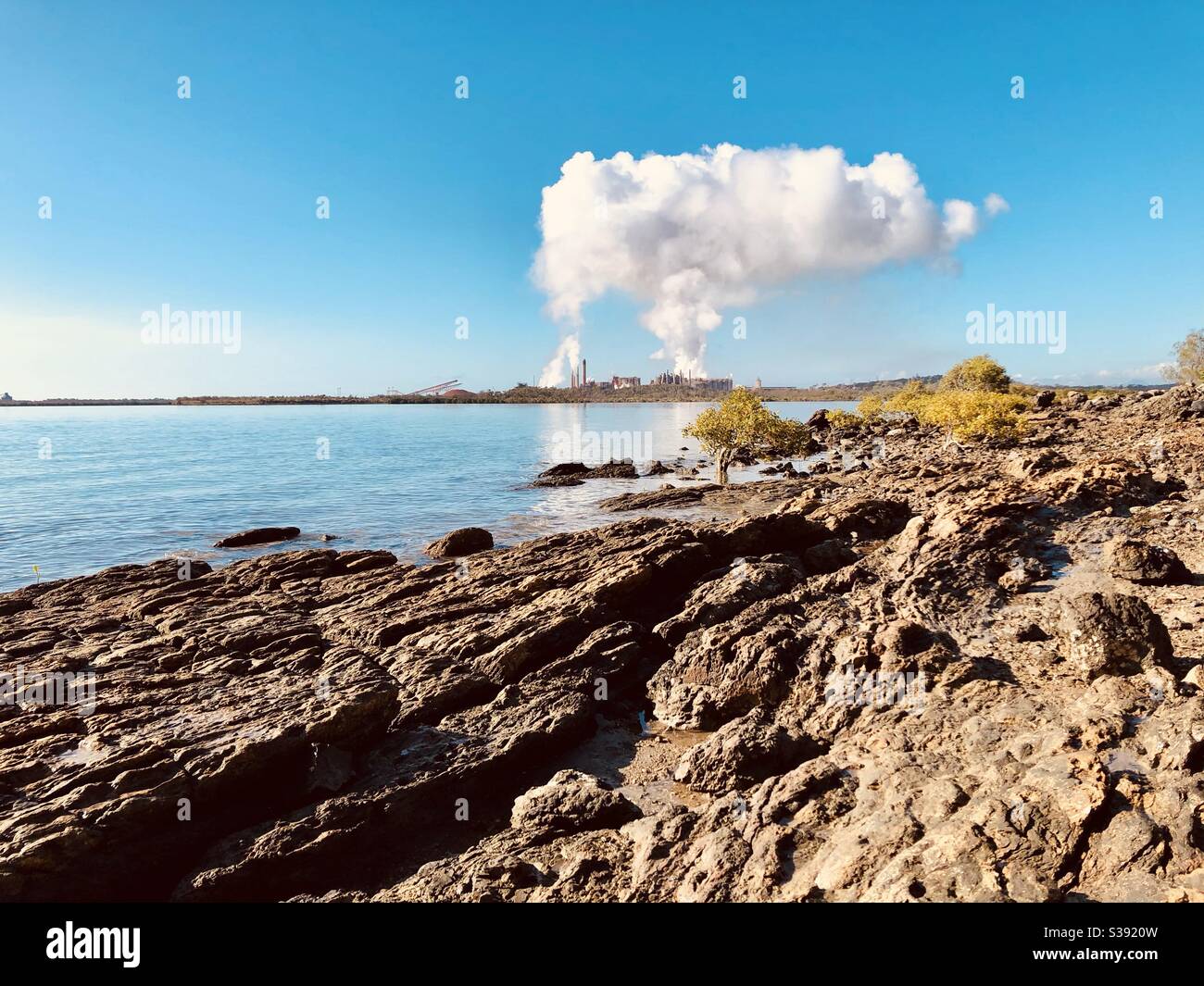 Nuvola di vapore sopra una centrale elettrica. Foto Stock