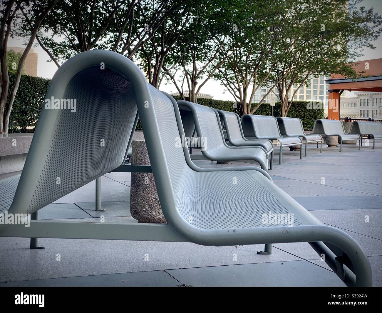 LOS ANGELES, CA, GIU 2020: Panchine in una fila curva con alberi ombra dietro a California in Downtown - Immagine stock catturata con smartphone