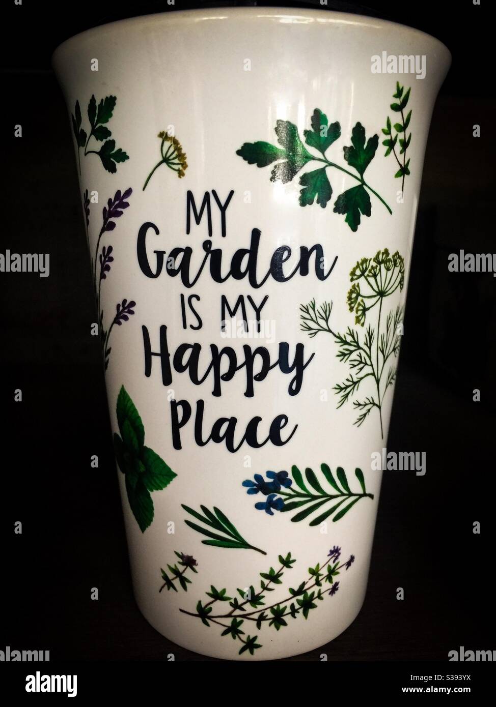 Il mio giardino è il mio luogo felice, le parole e le immagini su un vetro, sfondo semplice con spazio per il testo. Concetti: Natura, comunicazione, crescita, nutrimento. - Immagine stock catturata con smartphone