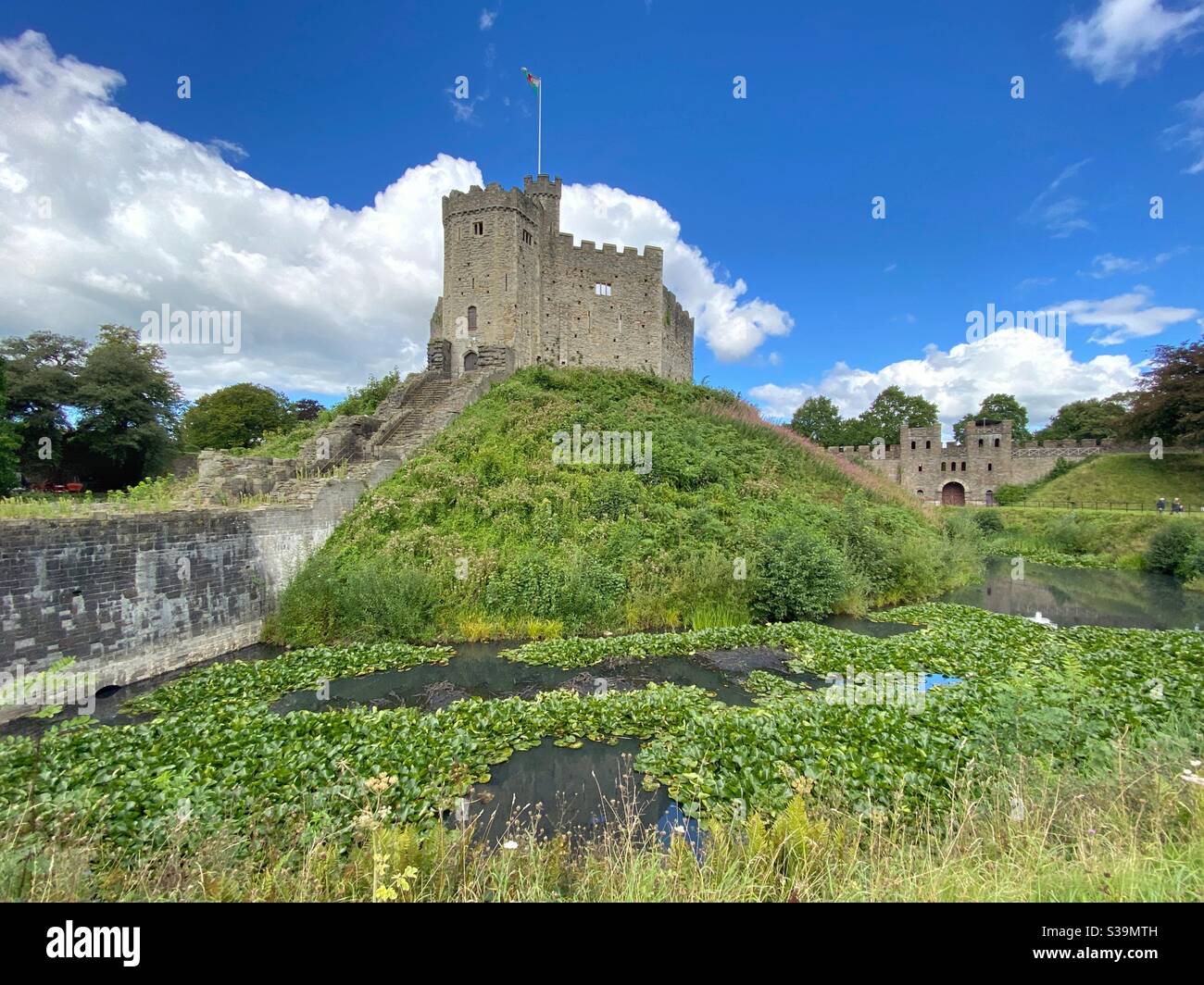 Norman tenere circondato da un fossato nei terreni di Castello di Cardiff Foto Stock