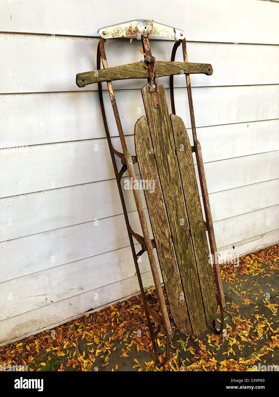 Discesa sport invernali slitta con corridori in metallo, vintage Foto Stock