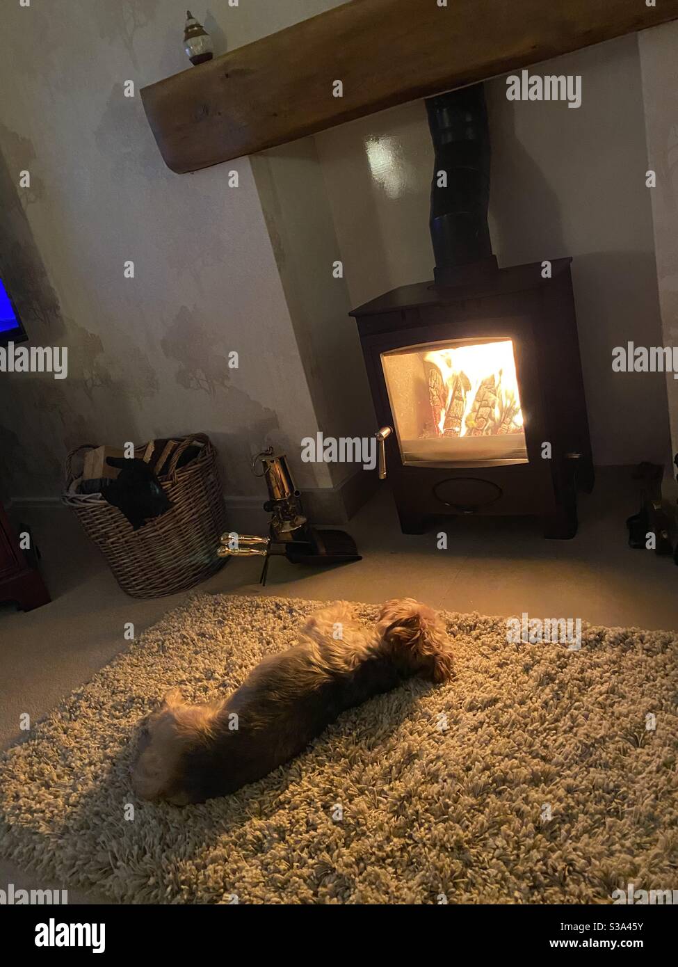 Quando l'estate si conclude e l'autunno si insinua nel fuoco di log si accende Foto Stock