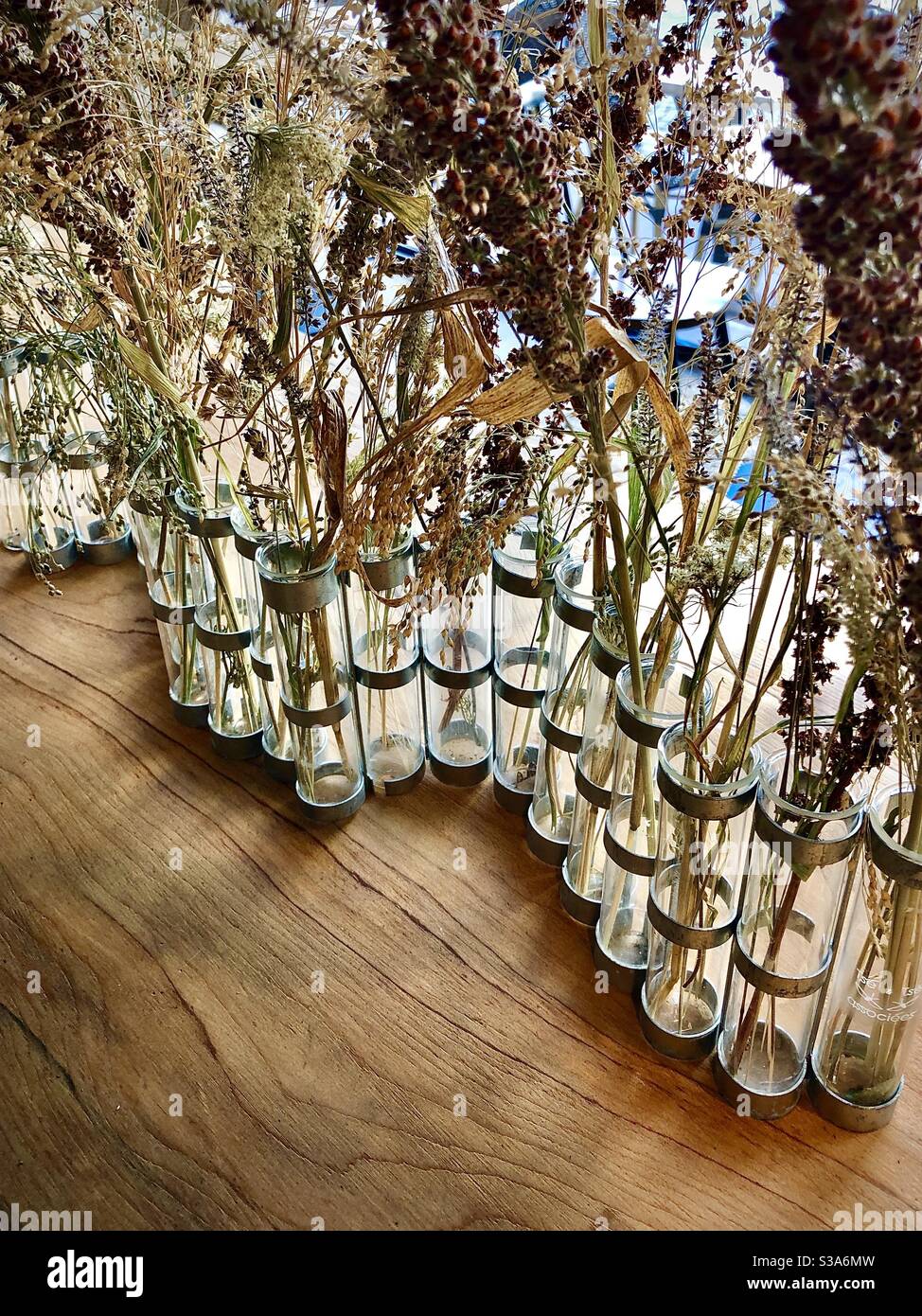 Attraente esposizione di fiori secchi in bicchieri su un tavolo da ristorante nel centro di Tours, Francia. Foto Stock