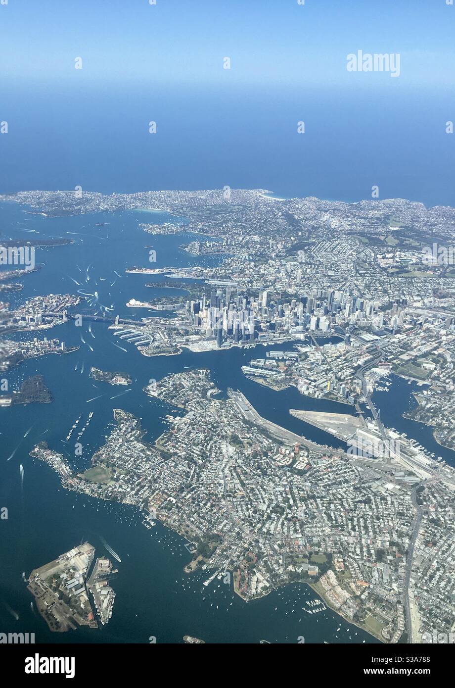 Immagine aerea del CBD di Sydney e del Porto di Sydney, Australia. Foto Stock