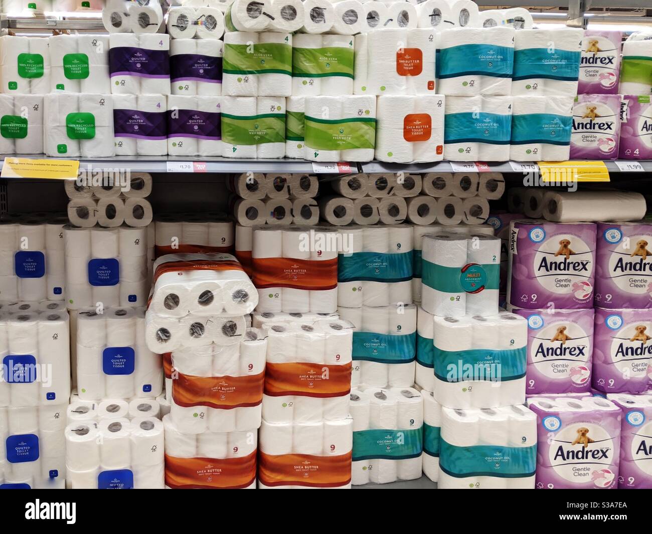 Carta igienica in magazzino presso la navata dei supermercati della UK Morrison Foto Stock