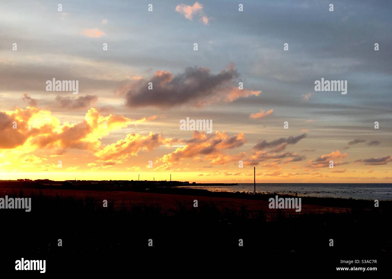 Bagliore giallo tramonto vicino a Sandhaven, Moray Firth, Aberdeenshire, Scozia Foto Stock