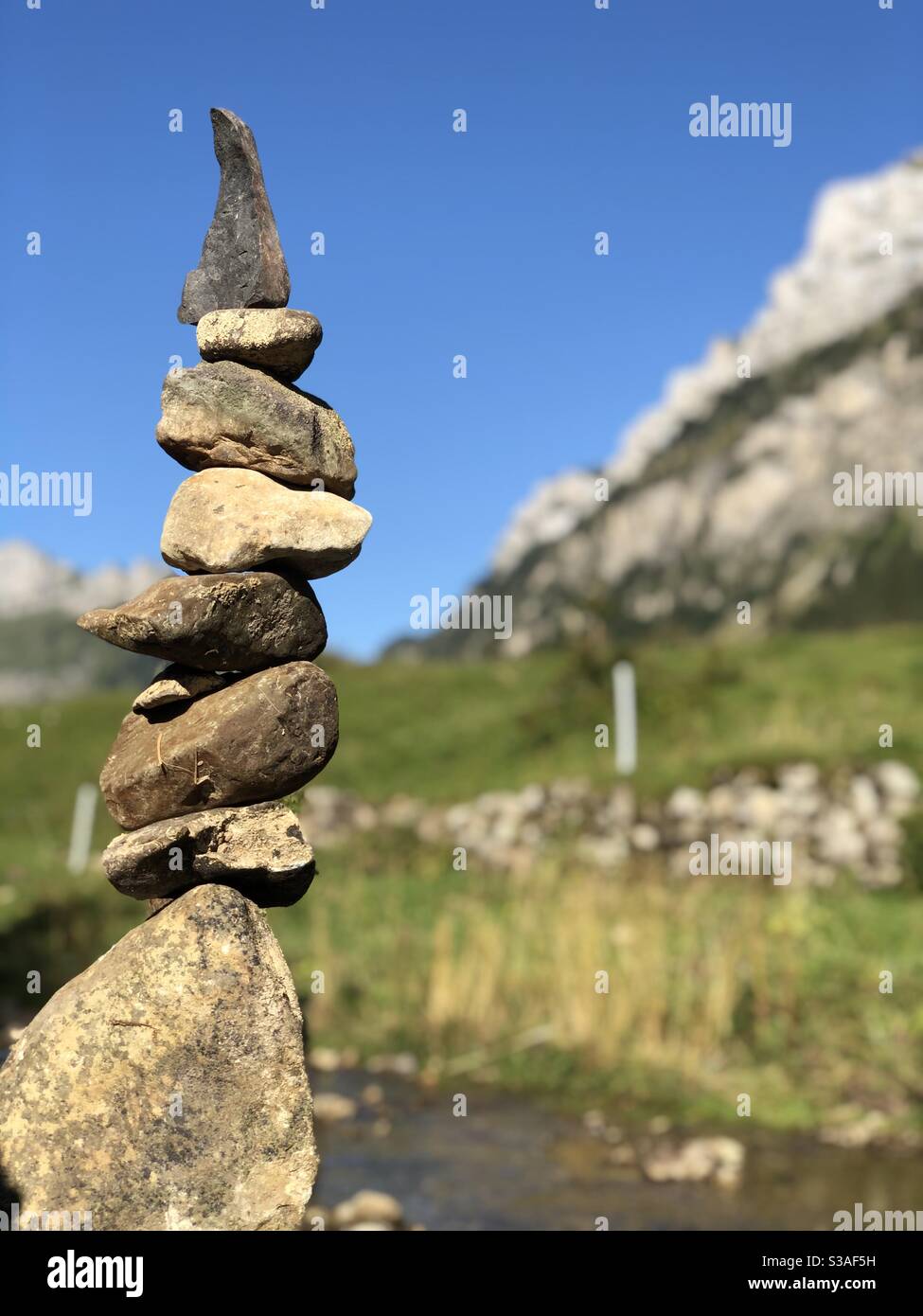 Su in una montagna svizzera, lungo il fiume. Foto Stock