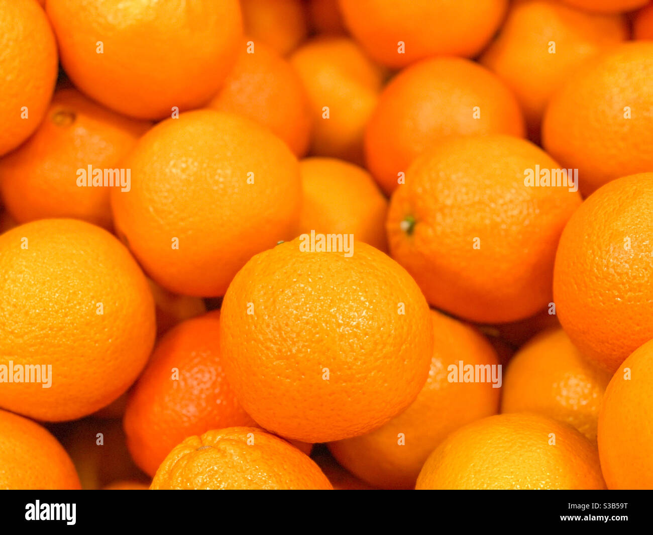 Arance in cima alle arance. Frutta che riempie lo schermo Foto Stock