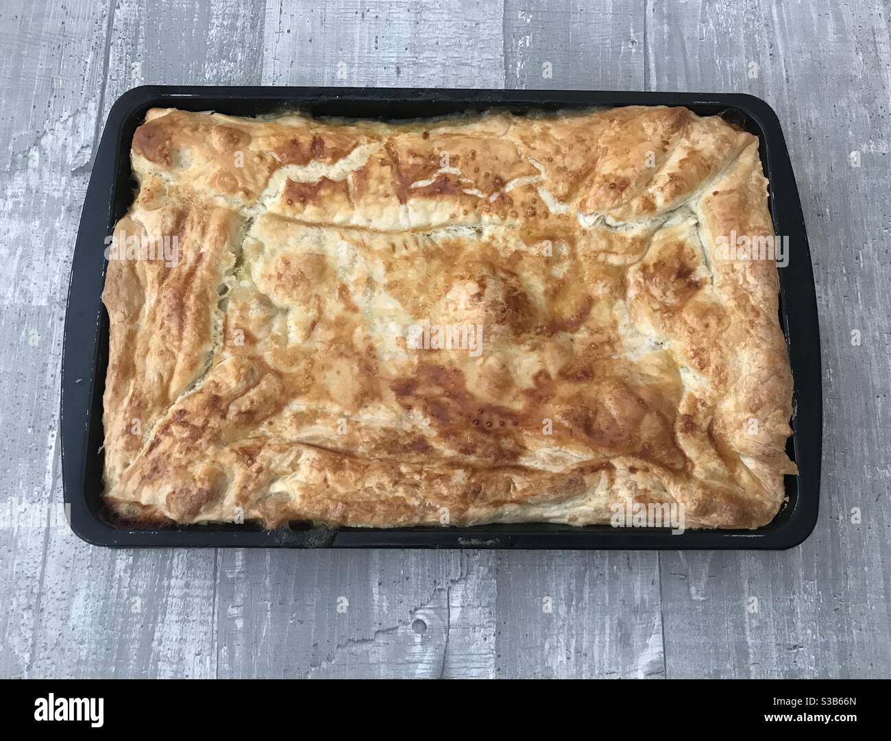 Torta di pollo e verdure su sfondo di legno Foto Stock