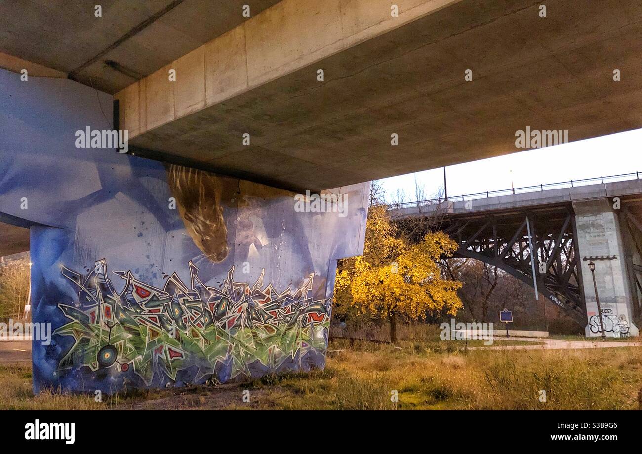 Murale urbano su un ponte sottopasso pilastro. Foto Stock