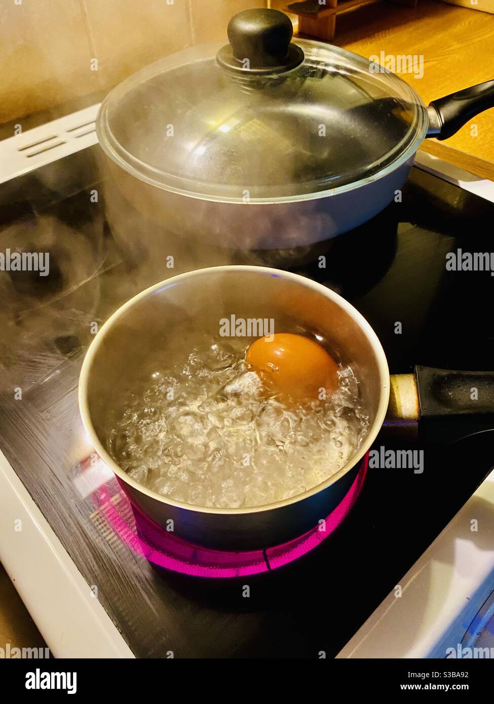 Uovo che bollono su un anello del forno elettrico Foto Stock