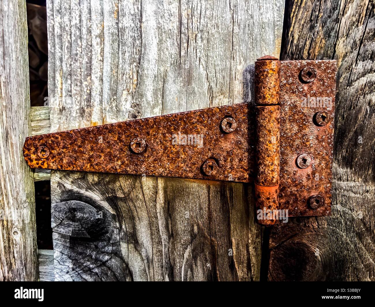 Vecchia cerniera arrugginita su legno stagionato - Immagine stock catturata con smartphone