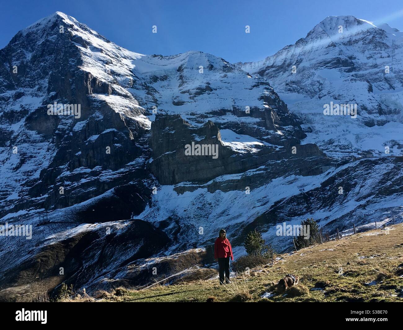 Escursionista sotto mtns. Eiger e Mönch, alpi Bernesi, autunno, Svizzera Foto Stock