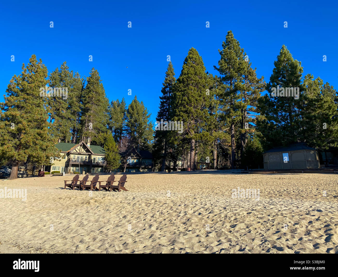 Sedie lungo una spiaggia del lago Tahoe Foto Stock