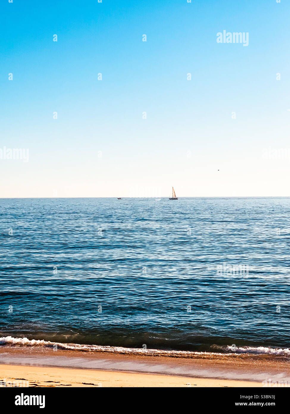 Mare calmo spiaggia con onde che si lavano su spiaggia sabbiosa con cielo blu sopra e una barca a vela lontano all'orizzonte. - Immagine stock catturata con smartphone