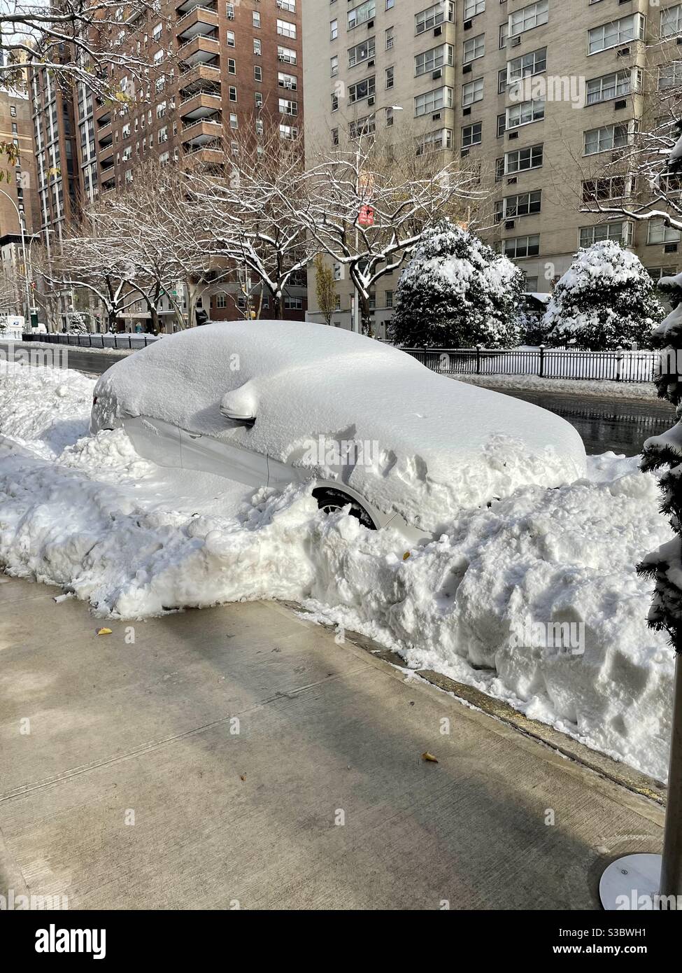 Parcheggio auto sepolto in neve fresca su Park Avenue la mattina dopo una grande neve durante la notte. - Immagine stock catturata con smartphone