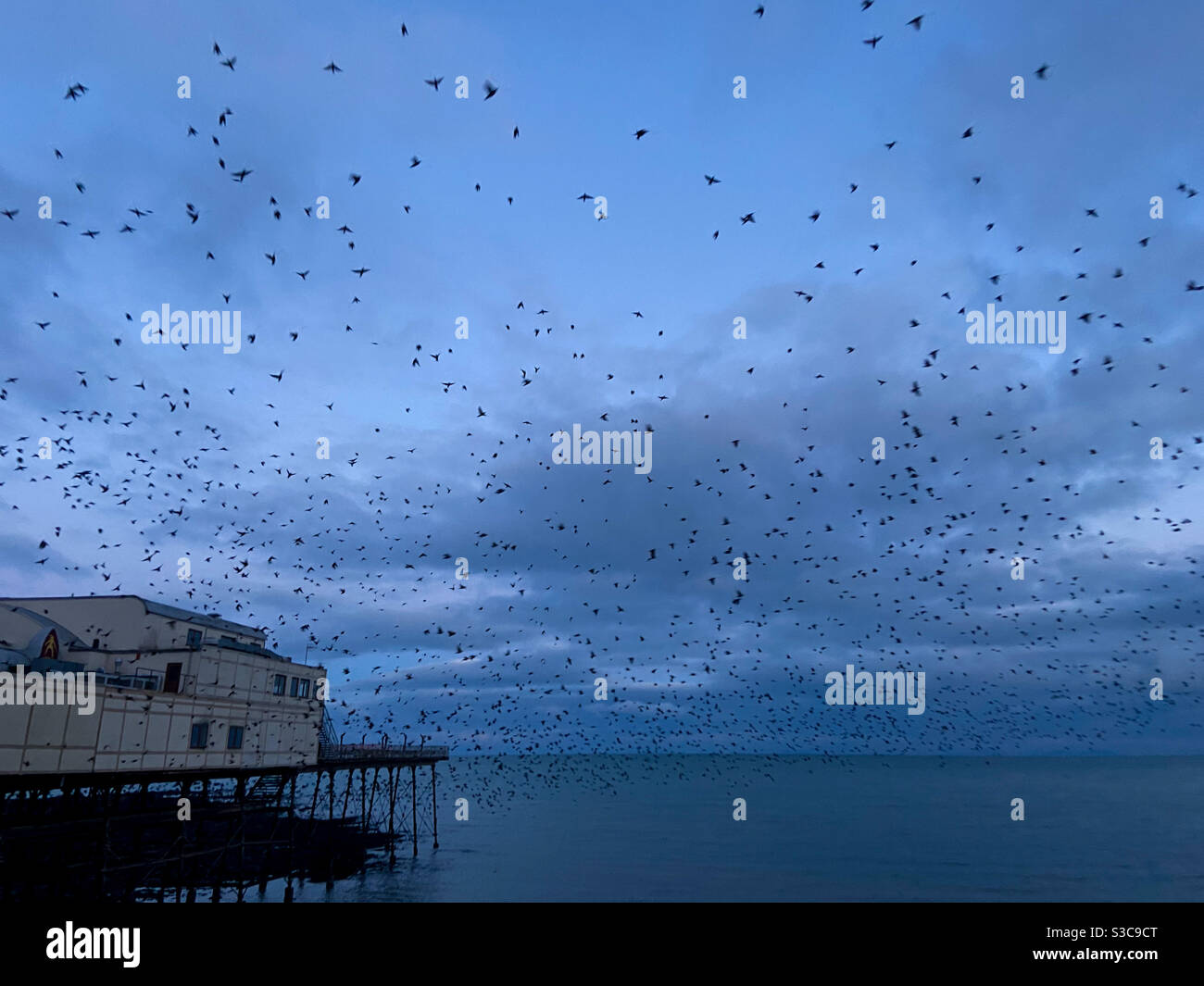 Aberystwyth, Galles occidentale, Regno Unito. Martedì 5 gennaio 2021. Tempo: In una mattinata fredda, migliaia di stelle scoppiano da sotto il molo. Credito fotografico ©️ Rose Voon / Alamy Live News. Foto Stock