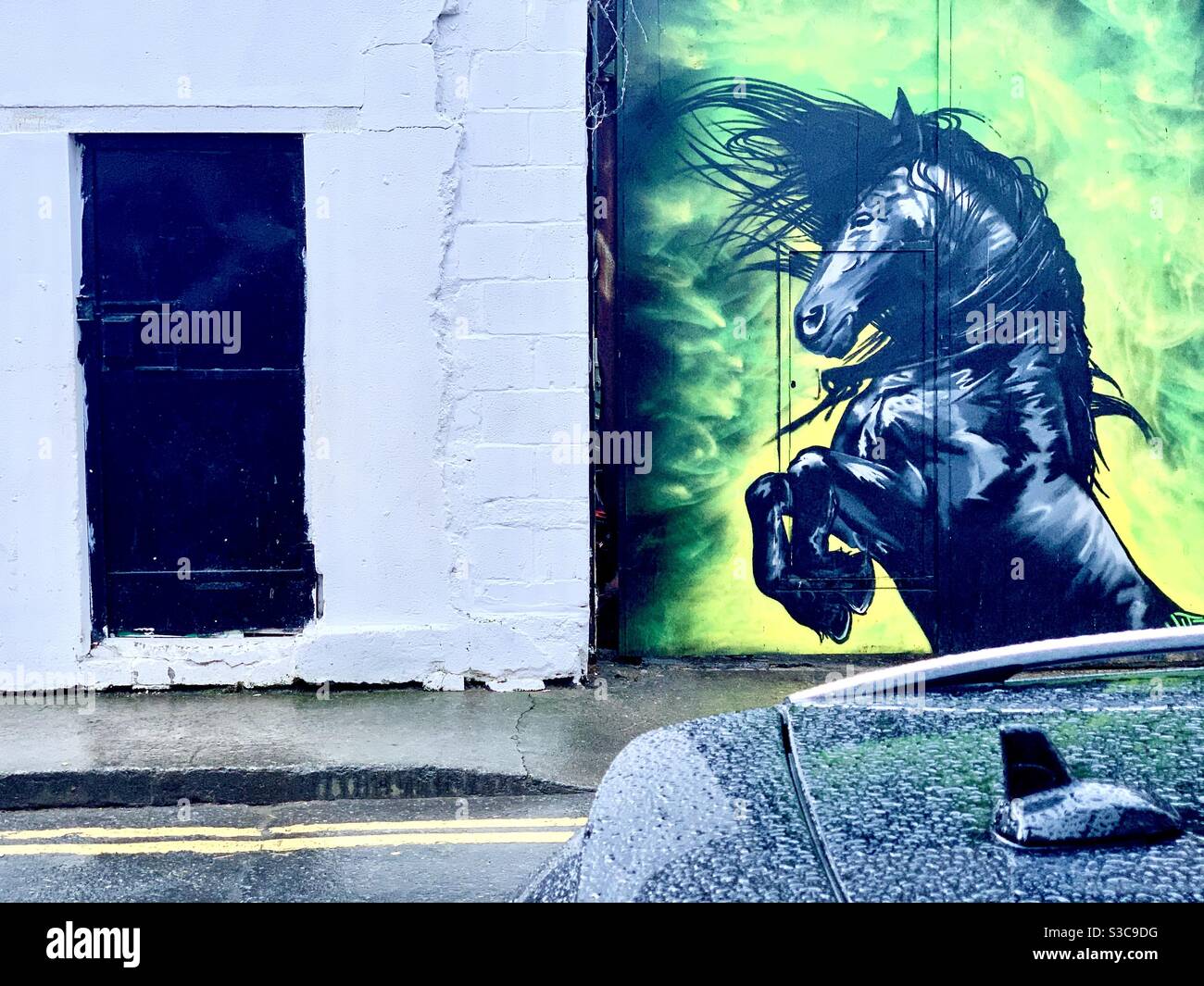 Un murale di un cavallo balzante sulla porta di una scuderia urbana nelle libertà, un quartiere nel centro della città di Dublino, Irlanda. In primo piano è il tetto di un'auto coperta di pioggia. Foto Stock