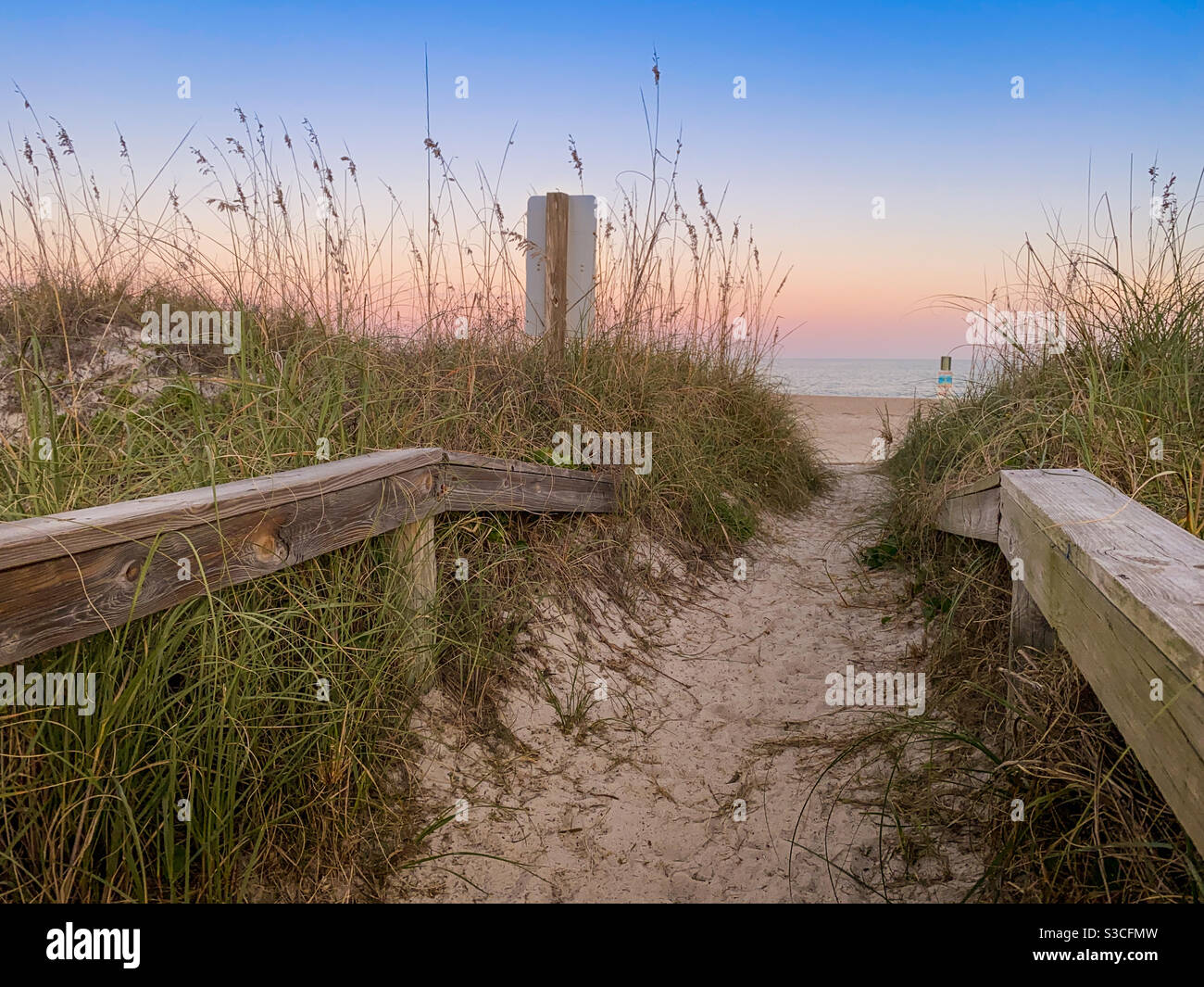 Dune percorso per la spiaggia al tramonto, Amelia Island, Florida, Stati Uniti. Foto Stock