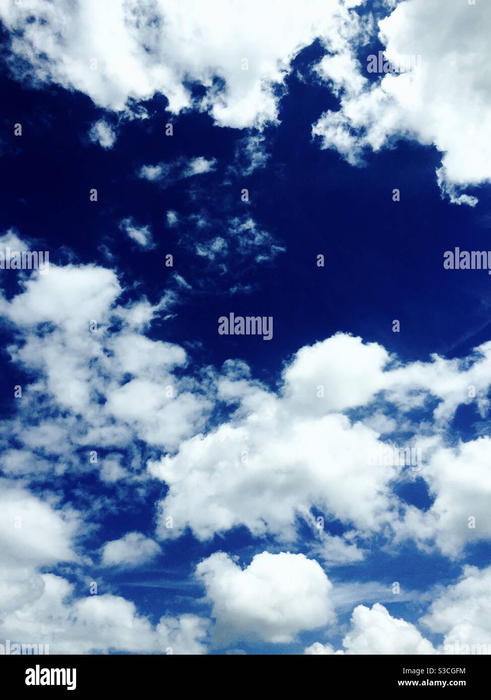 Soffici nuvole bianche in cotone contro un cielo blu profondo inizio estate Foto Stock