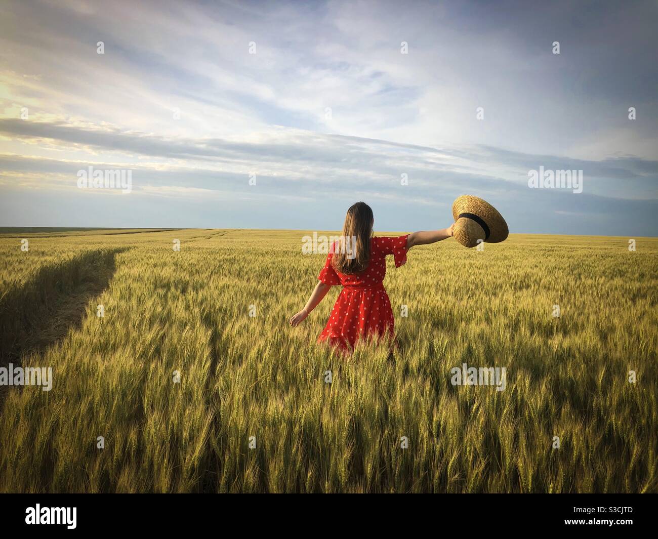 Donna in abito rosso in un campo di grano dorato Foto Stock