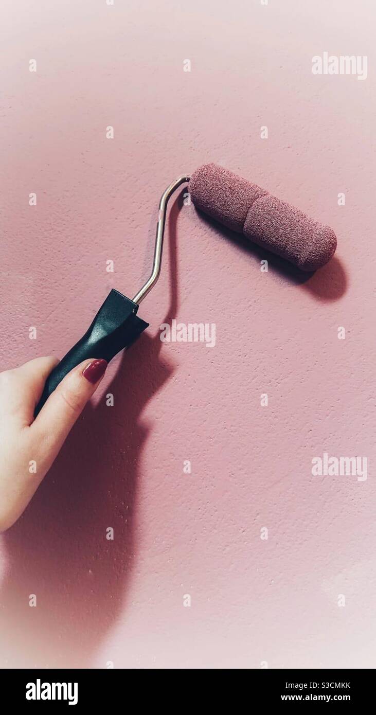 Una mano di donna che usa un rullo di vernice per dipingere un parete interna rosa crepuscolo - Immagine stock catturata con smartphone