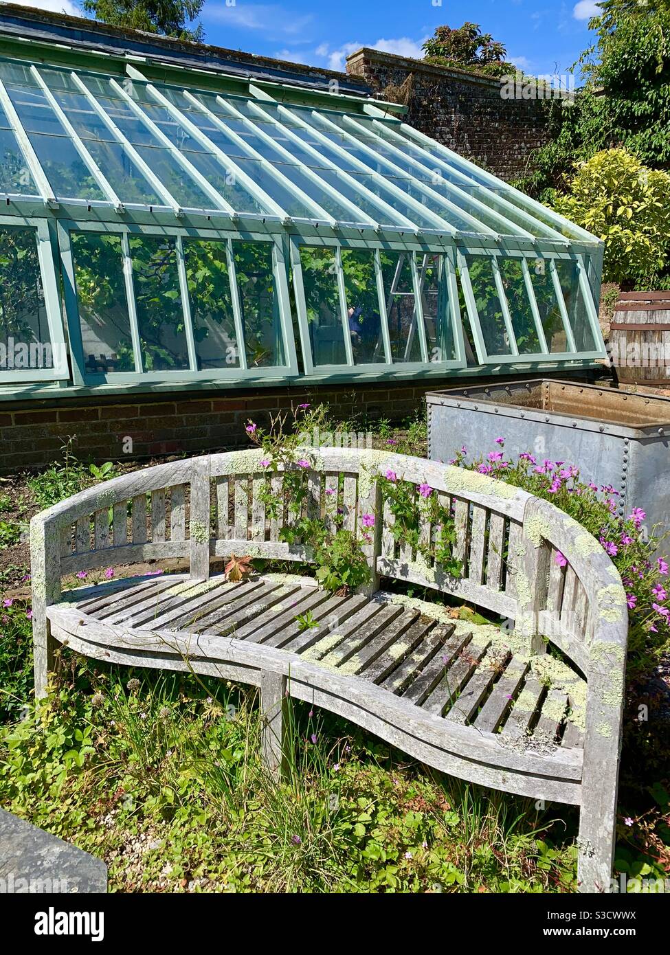 Serra, panca da giardino e vasca d'acqua di zinco nel giardino di verdure presso il Pig a Coomb in Devon Foto Stock