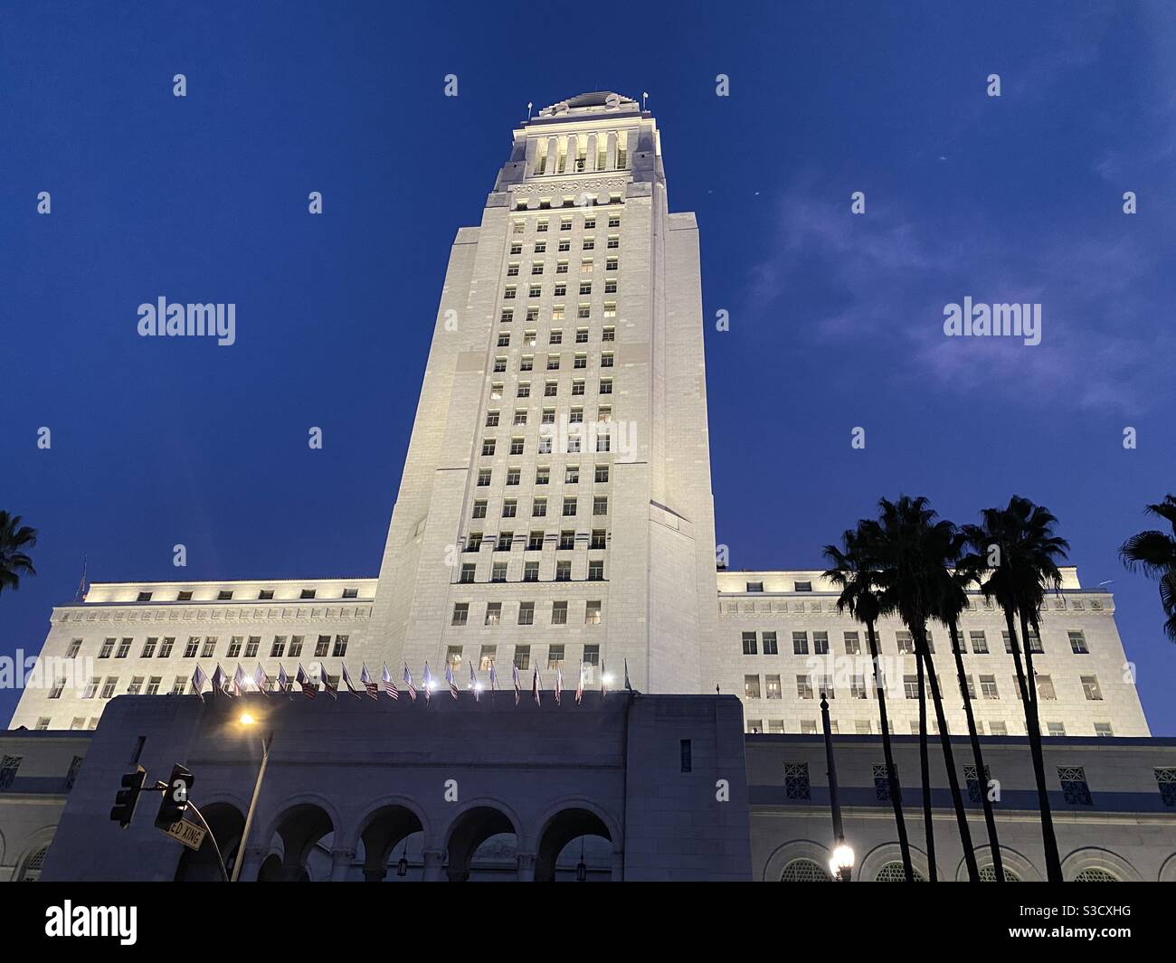 LOS ANGELES, CA, NOVEMBRE 2020: Guardando verso il municipio nel quartiere del centro amministrativo del centro città, di notte, subito dopo il tramonto, con palme dalle silhouette - Immagine stock catturata con smartphone