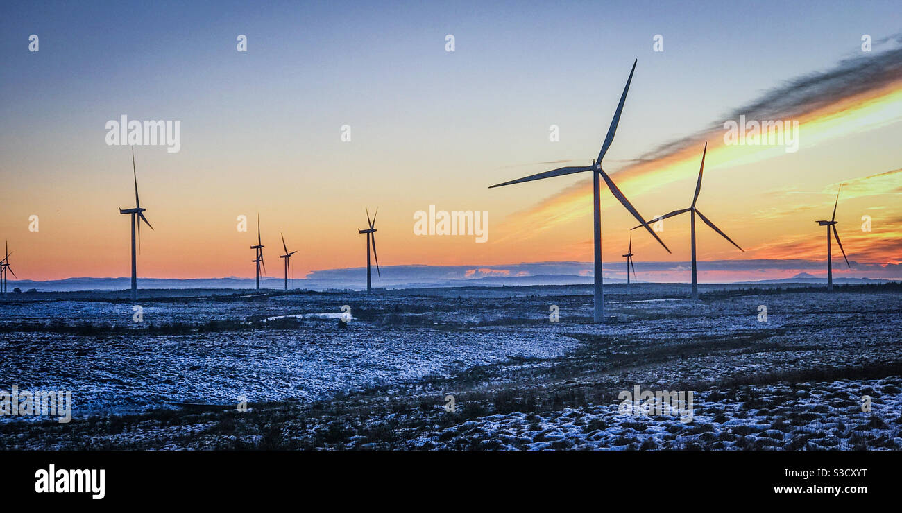 Turbine eoliche a Whitelee Windfarm in Scozia al tramonto Foto Stock