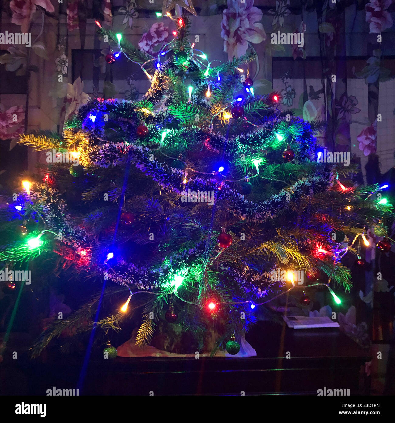 Piccolo albero di Natale vestito con coloratissima terra di Natale con luci. Foto Stock