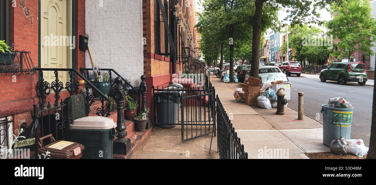 Bidoni e riciclaggio sulla 17th Street e 8th Ave a South Park Slope, Brooklyn, in attesa di essere raccolti Foto Stock