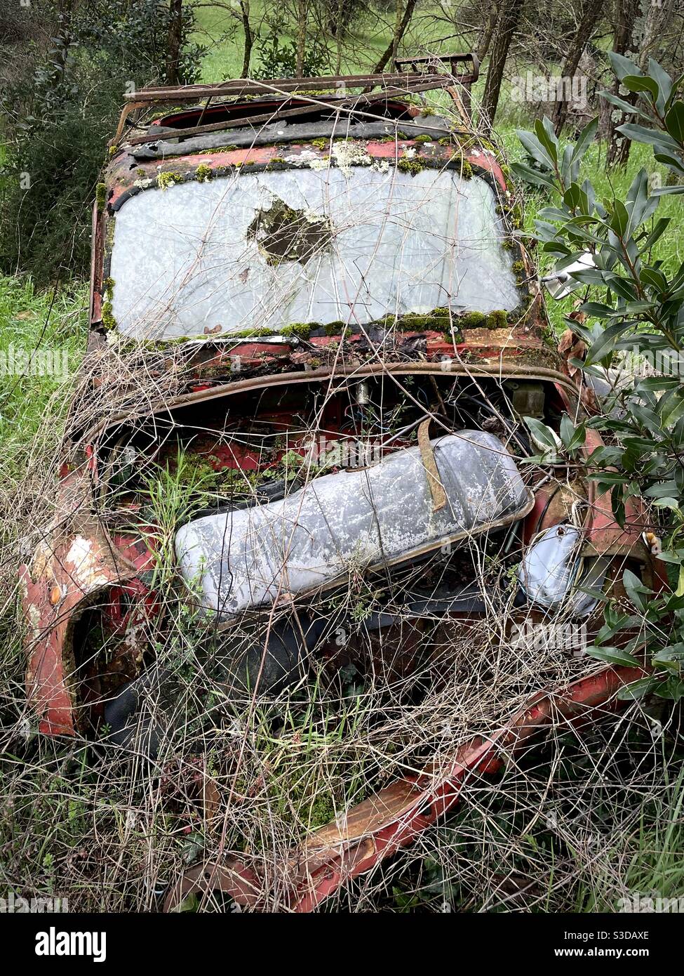Vecchia Fiat 500 d'epoca abbandonata in una zona rurale In Toscana Foto Stock