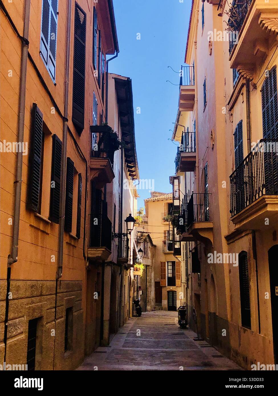 Via vuota nel caldo dell'estate a Palma Di Maiorca - Immagine stock catturata con smartphone