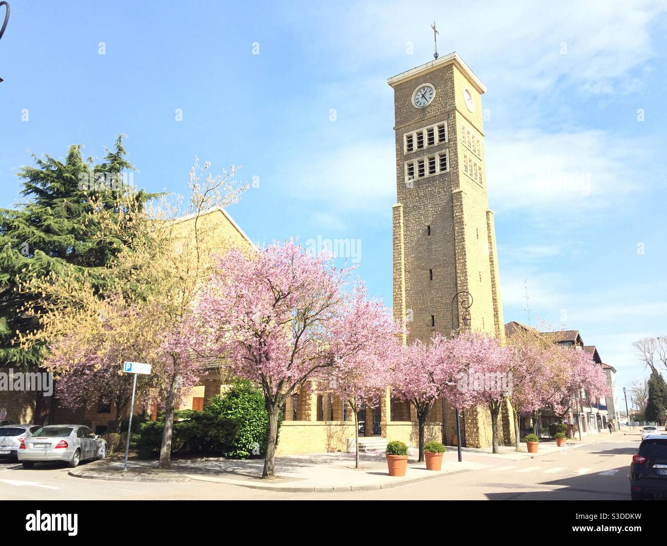 Main Street in una piccola città in Francia durante la primavera con alberi rosa in fiore e un orologio torre Foto Stock