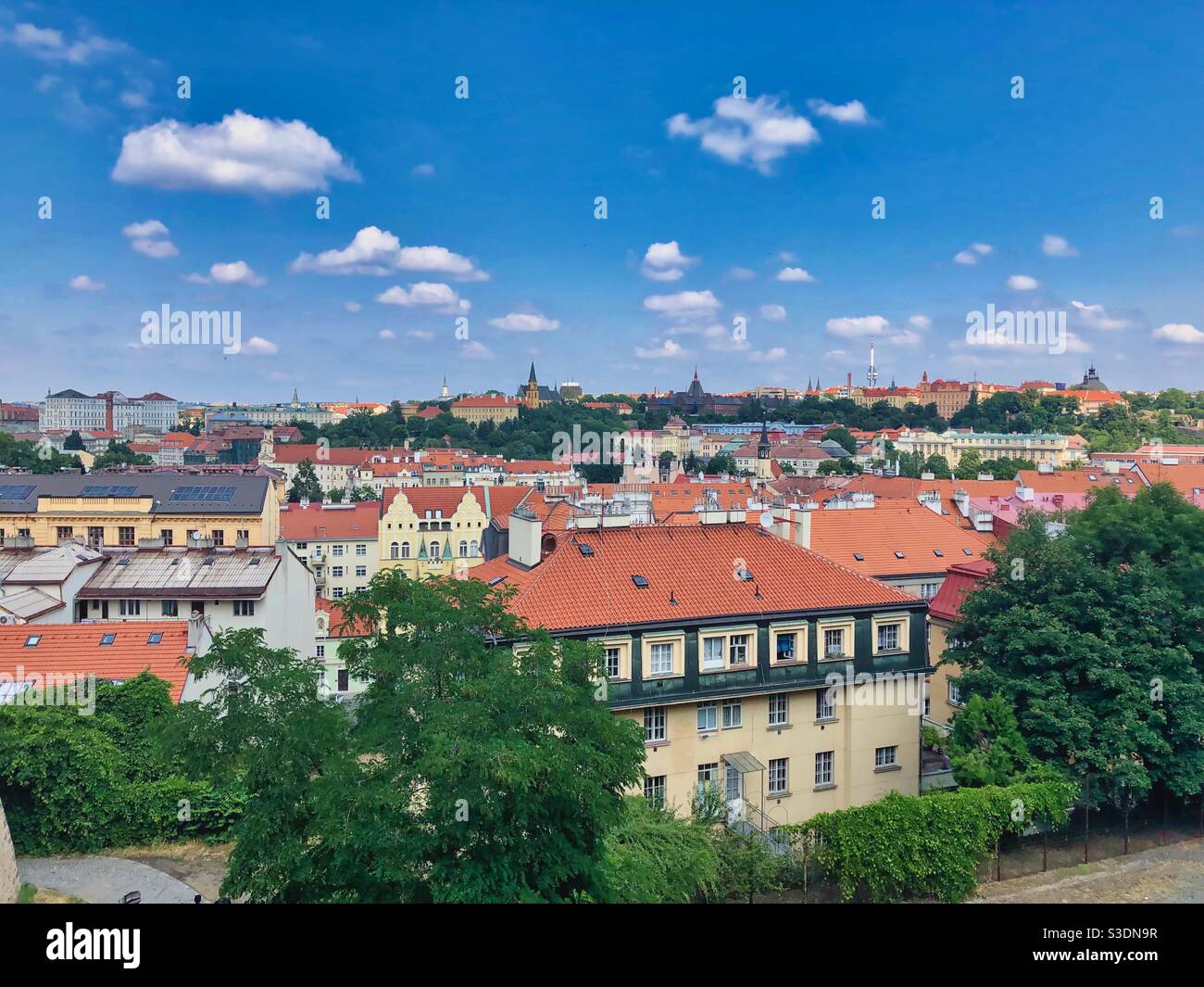 Vista su vecchi edifici con tetti rossi dal Castello di Vysehrad a Praga, Repubblica Ceca. - Immagine stock catturata con smartphone